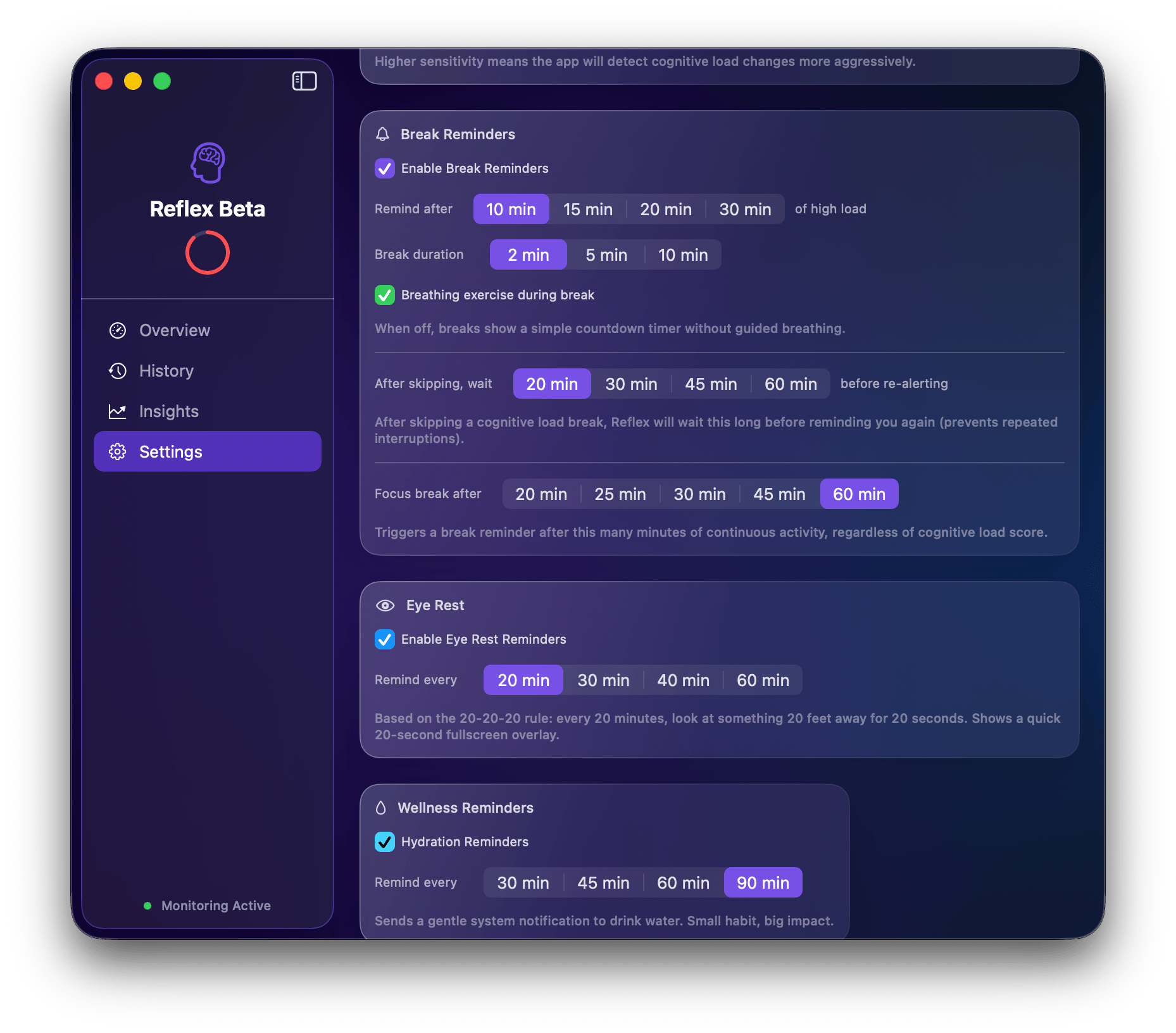 Settings screen for break reminders eye rest and wellness controls